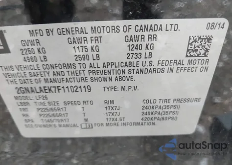 2015 Chevrolet Equinox Ls из США, поврежденный, VIN 2GNALAEK7F1102119